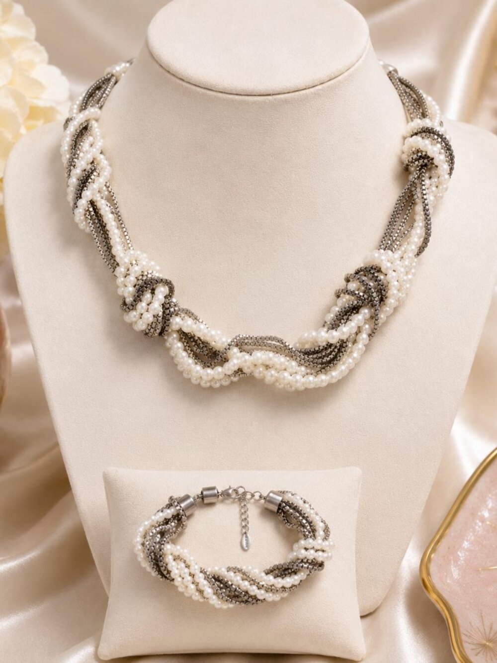 Traci Lynn Faux Pearl Silver Tone Box Chain Necklace Bracelet Demi Parure